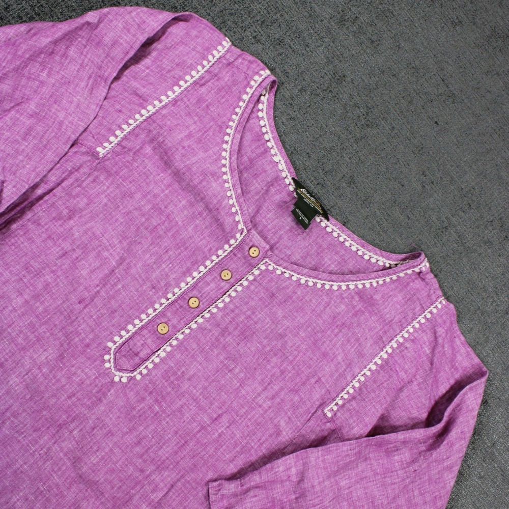 Eddie Bauer Womens Purple 100% Linen Henley Tunic Top Embroidered Trim Large